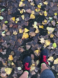 Herbstlaub und rote Schnürsenkel